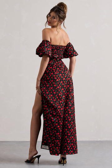 Lenna Black & Red Floral Bardot Buttoned Split Maxi Dress